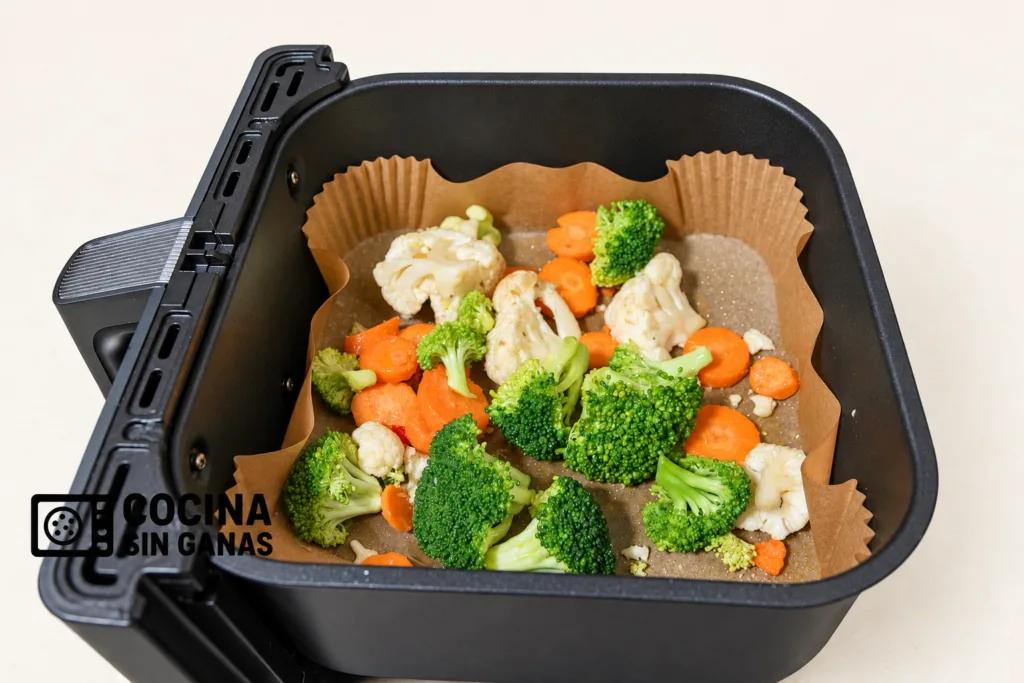 Brócoli, coliflor y zanahoria en la cesta de la freidora de aire con papel de horno